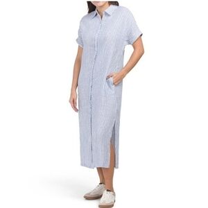 NWT Lucky Brand 100% Linen Striped Cap Sleeve Midi Shift Dress Blue White XL‎